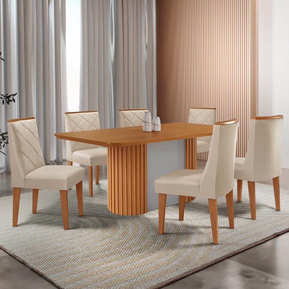 Mesa De Jantar Aspen 180cm Tampo Mdf Laminado Com 6 Cadeiras Veludo Creme//off White