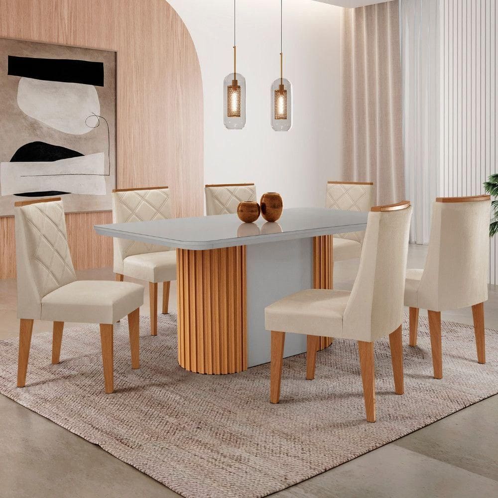 Mesa De Jantar Aspen 180cm Tampo Mdf Vidro 6 Cad Isadora Veludo Creme/off/nat/serig. Off