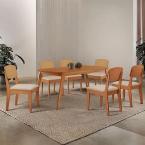 Mesa De Jantar Copper 180cm Tampo Mdf Laminado 6 Cadeiras Veludo Creme/naturalle/naturalle