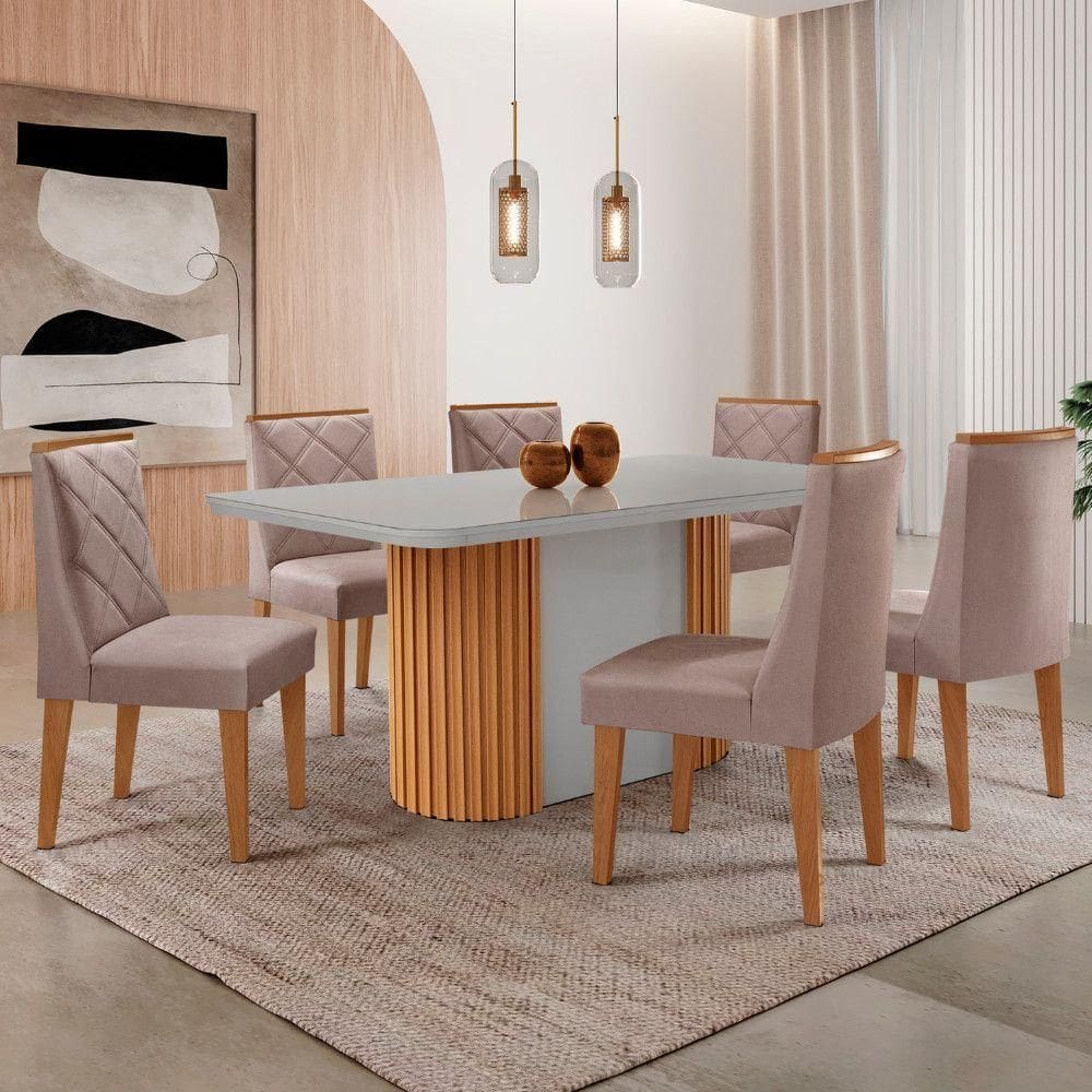 Mesa De Jantar Aspen 180cm Tampo Mdf Vidro 6 Cad Isadora Linho Capuccino/nat/off/serig. Off