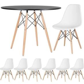 Conjunto De Mesa De Jantar Eames Eiffel Redonda 100cm Tampo De Madeira Preto Com 6 Cadeiras Brancas