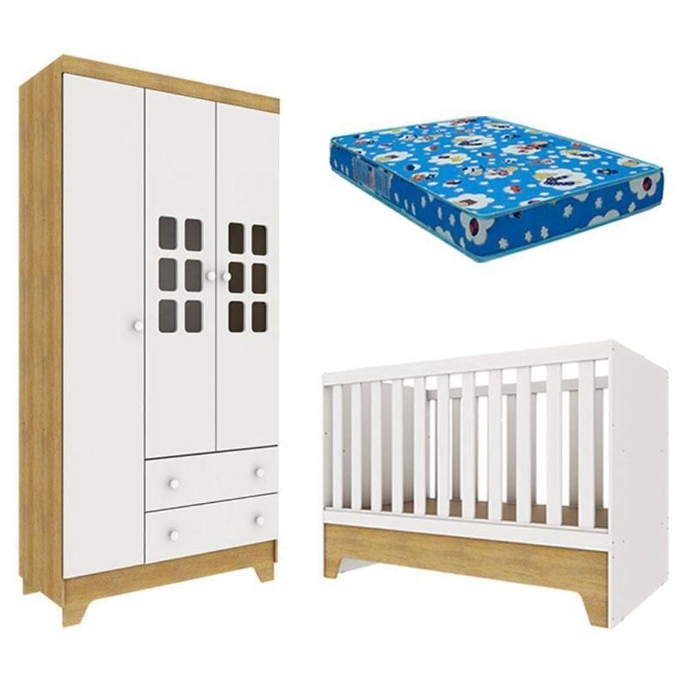 Berço Americano Mini Cama Com Guarda Roupa Infantil Malu Branco Acetinado Bétula Com Colchão Ortobom – Carolina