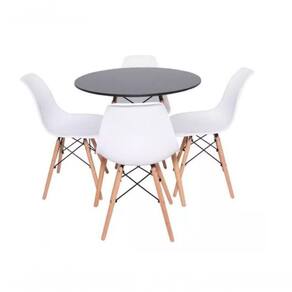 Conjunto De Mesa De Jantar Eames Eiffel Redonda 110cm Tampo De Madeira Preto Com 4 Cadeiras Brancas