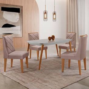 Mesa De Jantar Copper 120cm Mdf Vidro Com 4 Cadeiras Moderna Linho Capuccino/off/nat/serig. Off