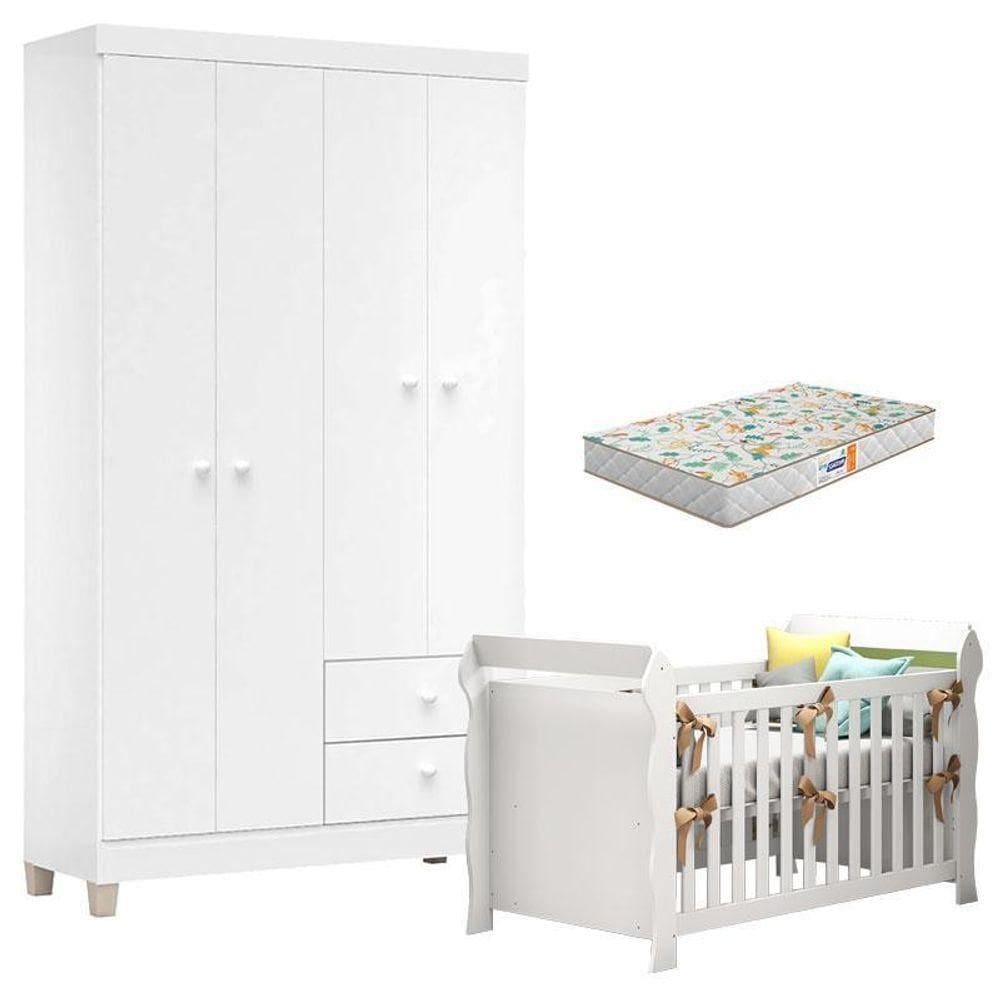 Berço Americano Lara Com Colchão Gazin E Guarda Roupa Ternura Baby 4 Portas Branco - Incorplac