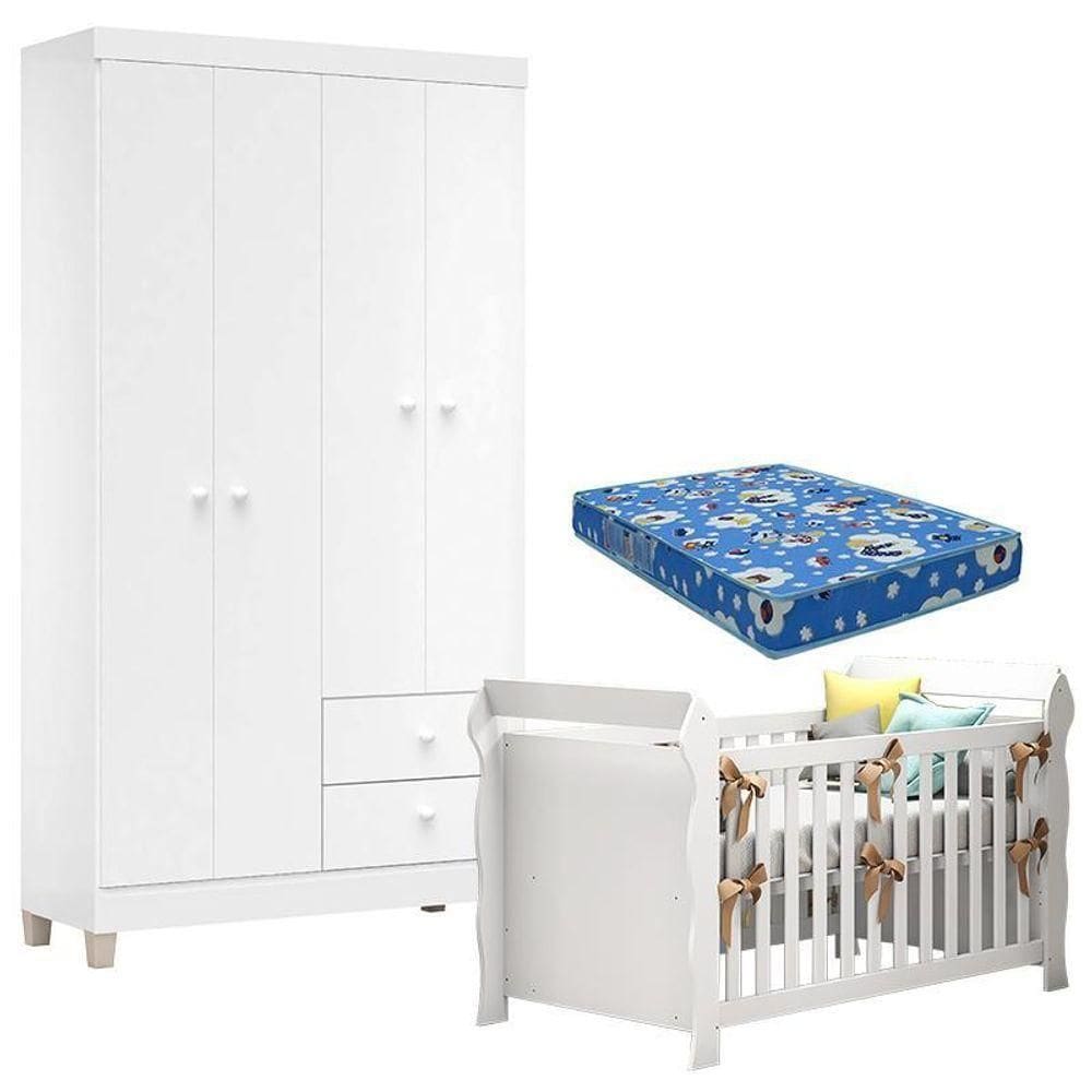 Berço Americano Lara Com Colchão Para Berço Americano E Guarda Roupa Ternura Baby 4 Portas Branco - Incorplac