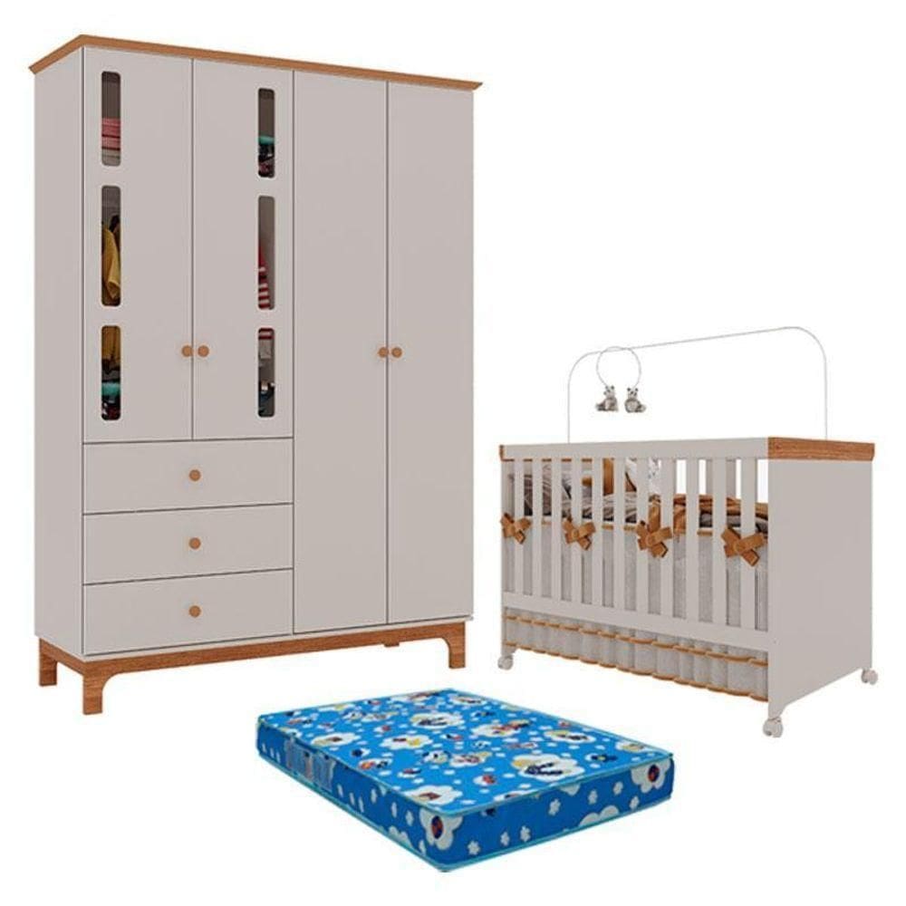 Berço Americano Mini Cama E Guarda Roupa Infantil Antonella 4 Portas Off White Caramelo Com Colchão Ortobom - Canaã