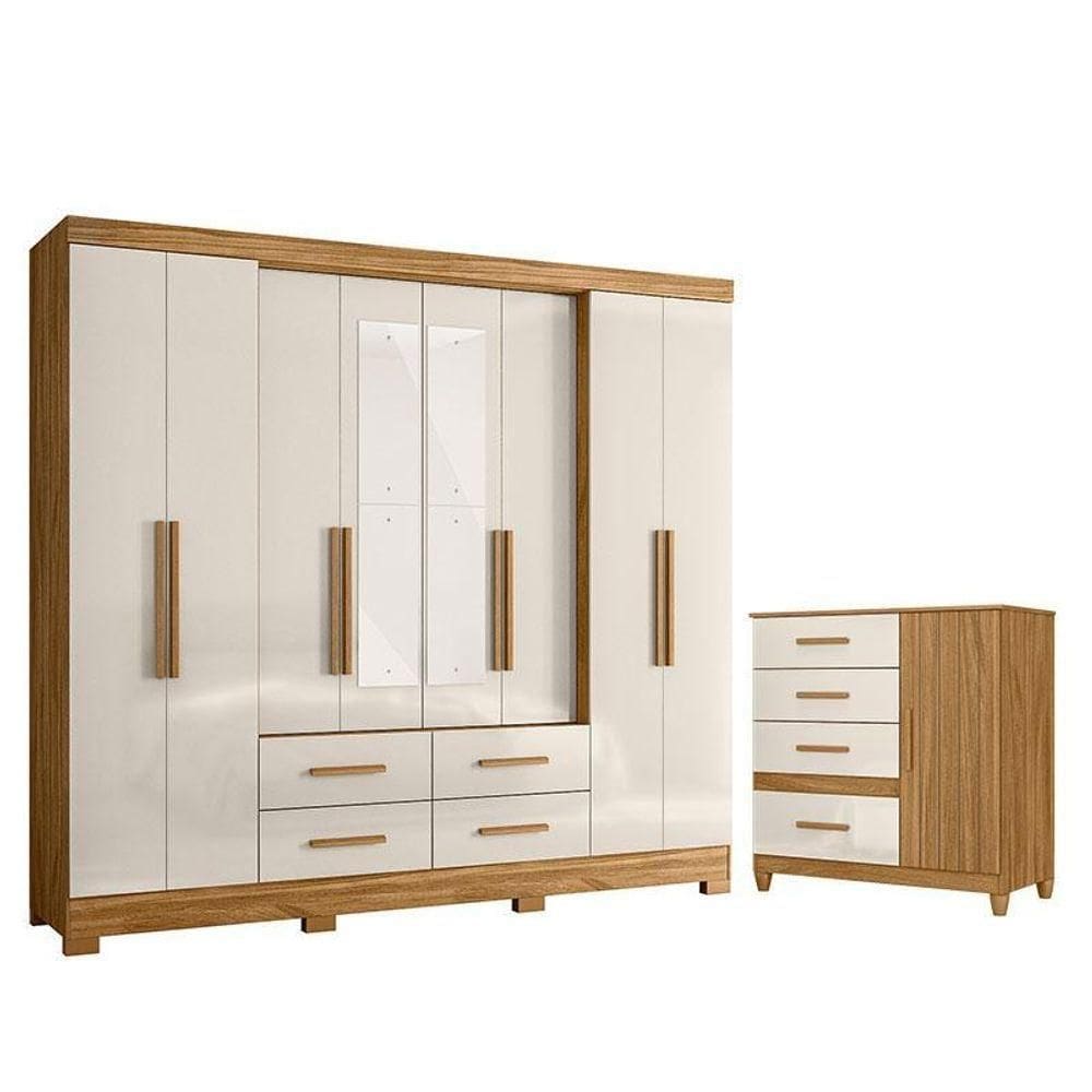 Guarda Roupa Casal San Lorenzo Com Espelho E Cômoda Vênus Com Pés Freijó Off White – Moval