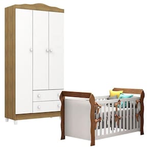 Berço Americano Lara Com Guarda Roupa Infantil Mel Flat 3 Portas Branco Acetinado Amadeirado – Carolina