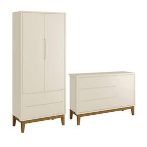 Jogo De Quarto Infantil Guarda Roupa 2 Portas E Cômoda 1 Porta Classic Areia Fosco Com Pés Amadeirado - Reller Móveis Areia Fosco