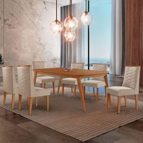 Mesa De Jantar Copper 180cm Tampo Mdf Com 6 Cadeiras Moderna Veludo Creme/naturalle/naturalle