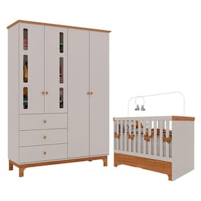 Berço Americano Mini Cama Com Gaveta E Guarda Roupa Infantil Antonella 4 Portas Off White Caramelo - Canaã