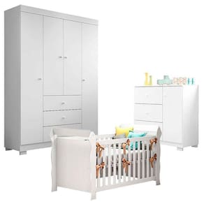 Quarto De Bebê Duda 4 Portas Com Berço Americano Lara Branco Brilho – Phoenix Baby