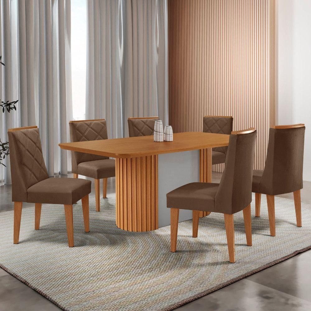 Mesa De Jantar Aspen 180cm Tampo Mdf Laminado Com 6 Cadeiras Veludo Marrom//off White