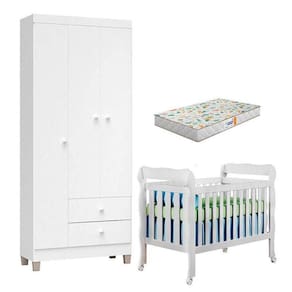 Berço Americano Lila Com Colchão Gazin E Guarda Roupa Ternura Baby 3 Portas Branco Brilho - Incorplac