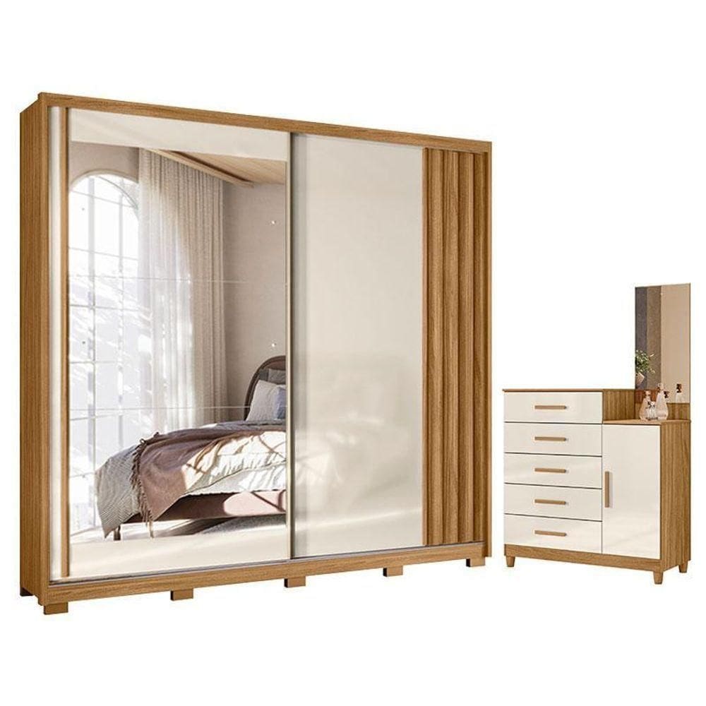 Guarda Roupa Casal Dhara E Cômoda Lisboa Freijó Off White - Moval