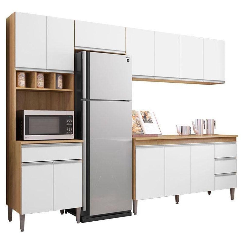 Cozinha Com Balcão E Tampo 150cm Andréia Amêndoa Branco - Ajl