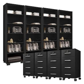 Kit 4 Gaveteiros Para Escritório Gávea Com Chave E 4 Livreiros Office Preto Fosco – Móveis Leão