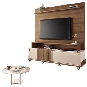 Estante Home Theater Bold Off White Castanho E Mesa De Centro Sky Com Tampo De Vidro Off White– Hb Móveis