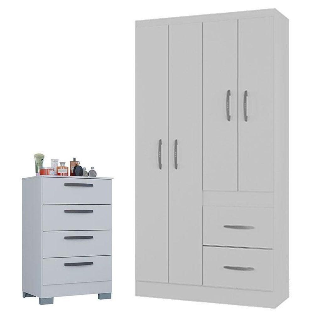 Cômoda 867 4 Gavetas Com Guarda Roupa Solteiro Milão 4 Portas Branco Brilho - Poquema