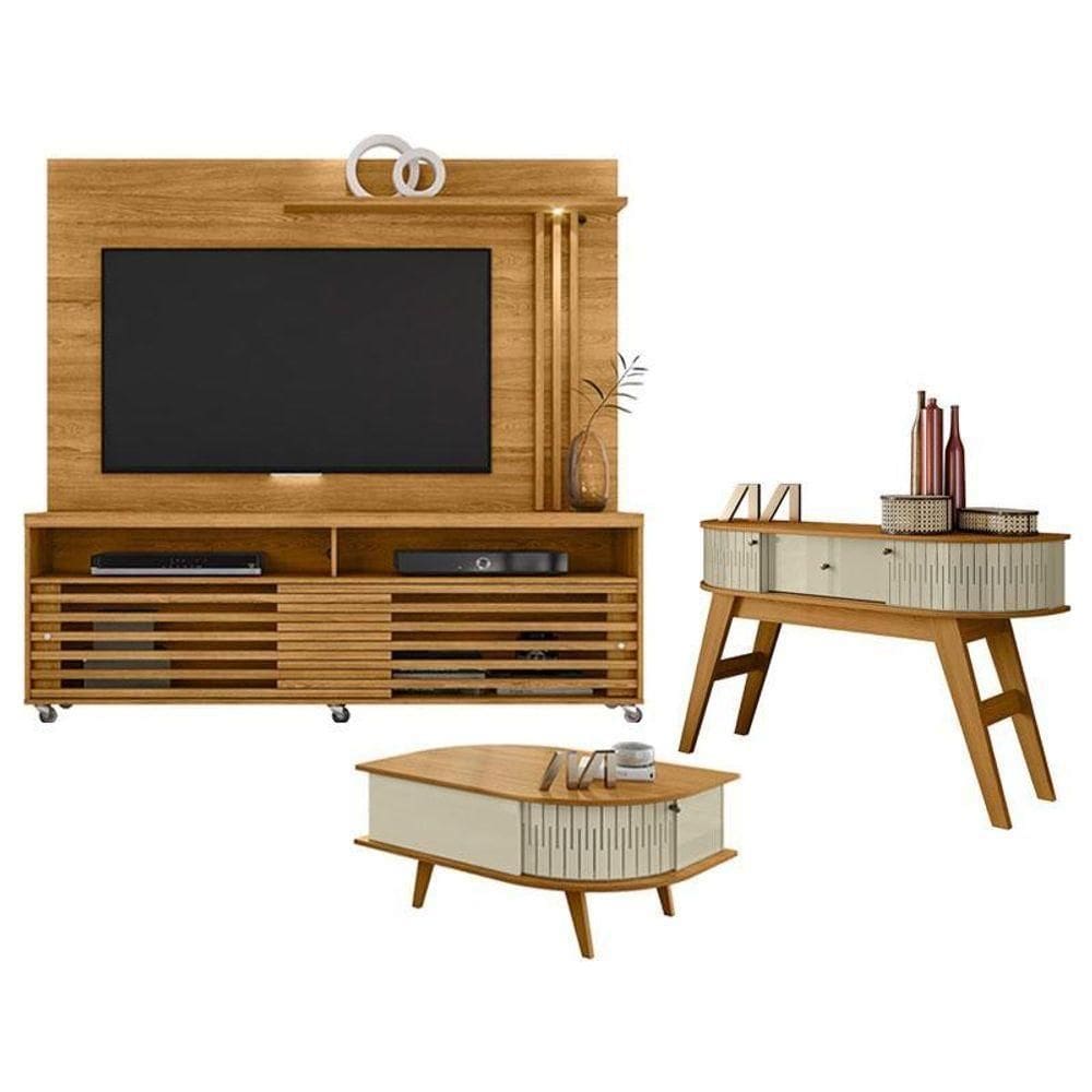 Estante Home Theater Frizz Com Aparador Estoril E Mesa De Centro Indianápolis Cumaru Opala - Madetec