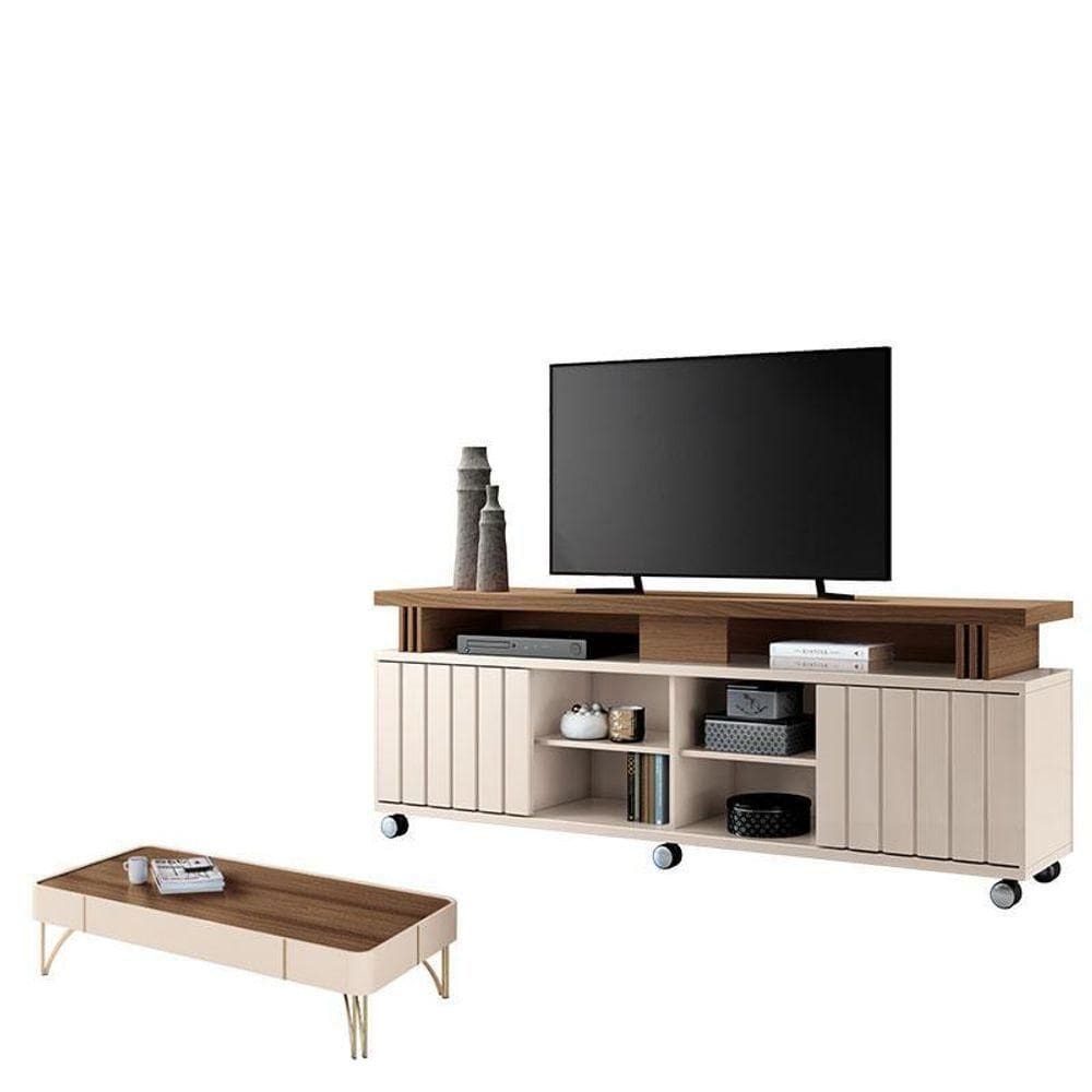 Rack Bancada Rivera Com Mesa De Centro Cadenza Off White Castanho – Hb Móveis