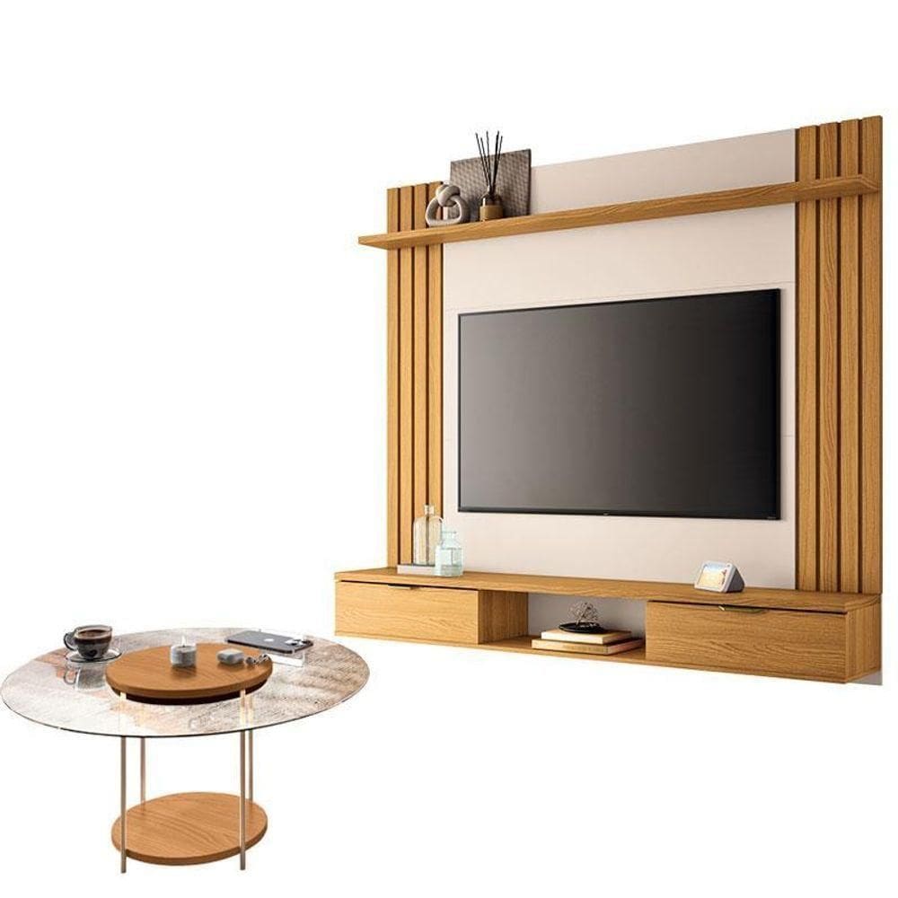 Painel Para Suspenso Solus E Mesa De Centro Sky Com Tampo De Vidro Cinamomo Off White – Hb Móveis