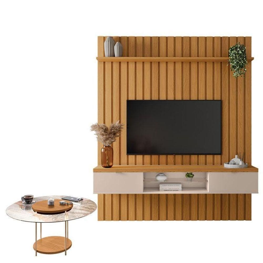 Painel Ripado You Illusion Com Mesa De Centro Sky Com Tampo De Vidro Cinamomo Off White - Hb Móveis