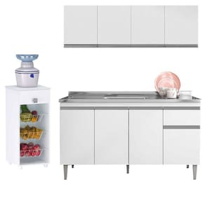 Balcão De Pia Tatiane 145 Cm E Armário Aéreo Andréia 4 Portas 150 Cm Com Fruteira Monalise Branco Brilho – Ajl