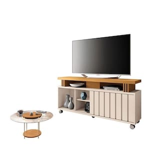 Rack Bancada Rivera Com Mesa De Centro Sky Com Tampo De Vidro Off White Cinamomo – Hb Móveis