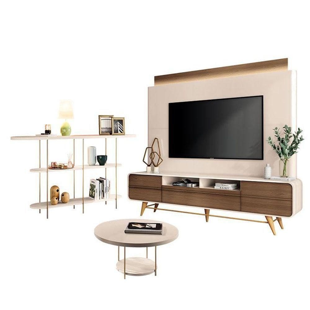Estante Home Theater Nobre Off White Castanho E Aparador Infinity E Mesa De Centro Sky Off White– Hb Móveis