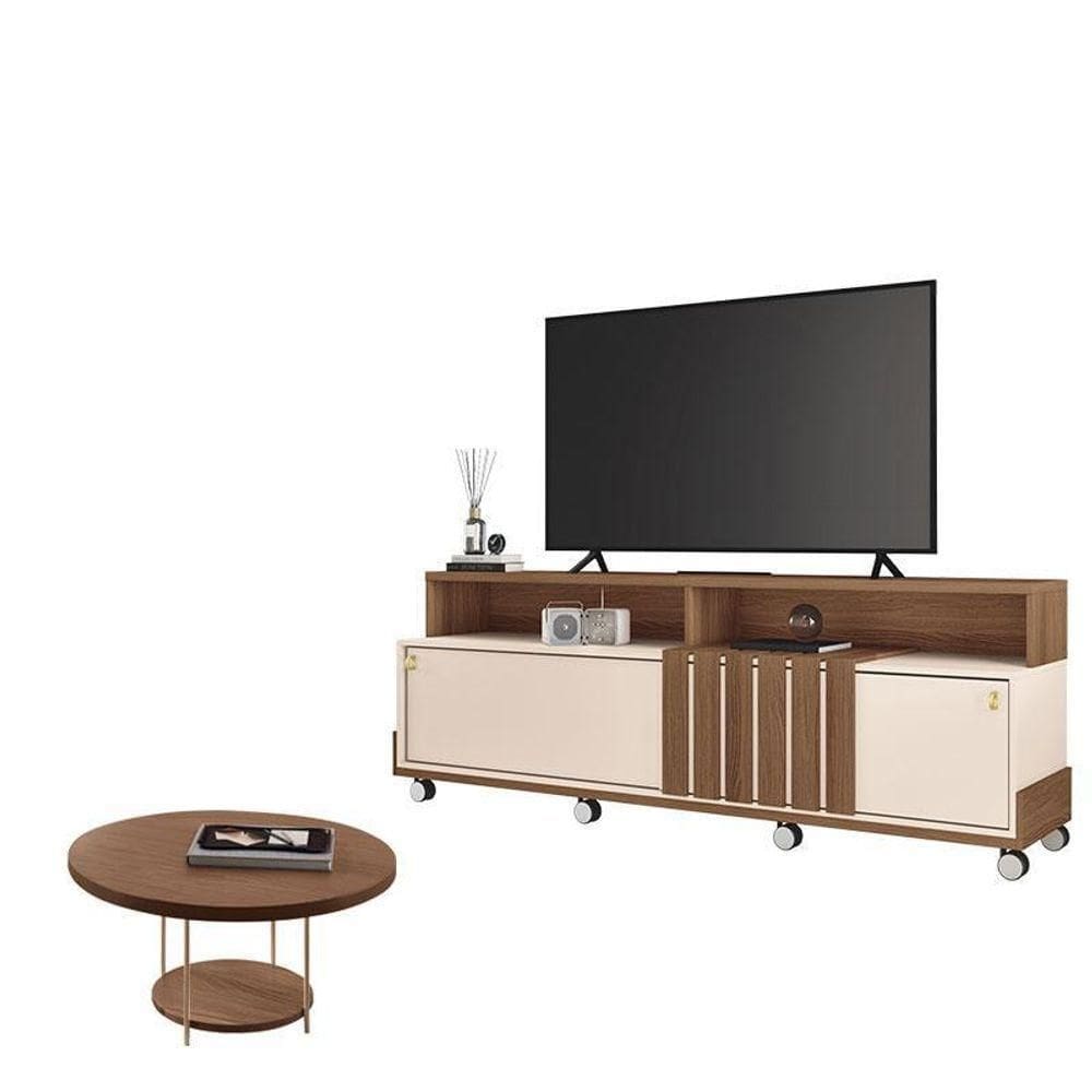 Rack Bancada Graci Com Mesa De Centro Sky Castanho Off White – Hb Móveis