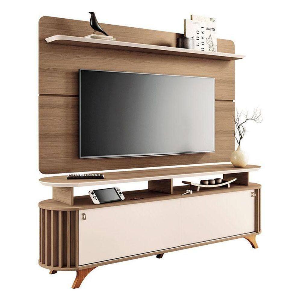 Rack Bancada Alba Com Painel Curv Castanho Off White – Hb Móveis