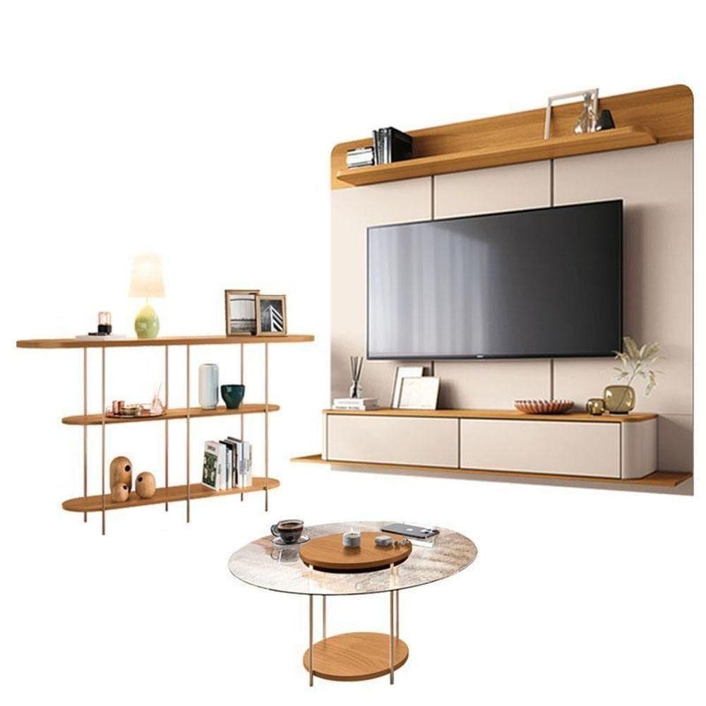 Home Suspenso Galax Cinamomo Off White E Aparador Infinity E Mesa De Centro Sky Com Tampo De Vidro Cinamomo- Hb Móveis