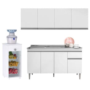 Balcão De Pia Tatiane 145 Cm E Armário Aéreo Andréia 4 Portas 160 Cm Com Fruteira Monalise Branco Brilho – Ajl