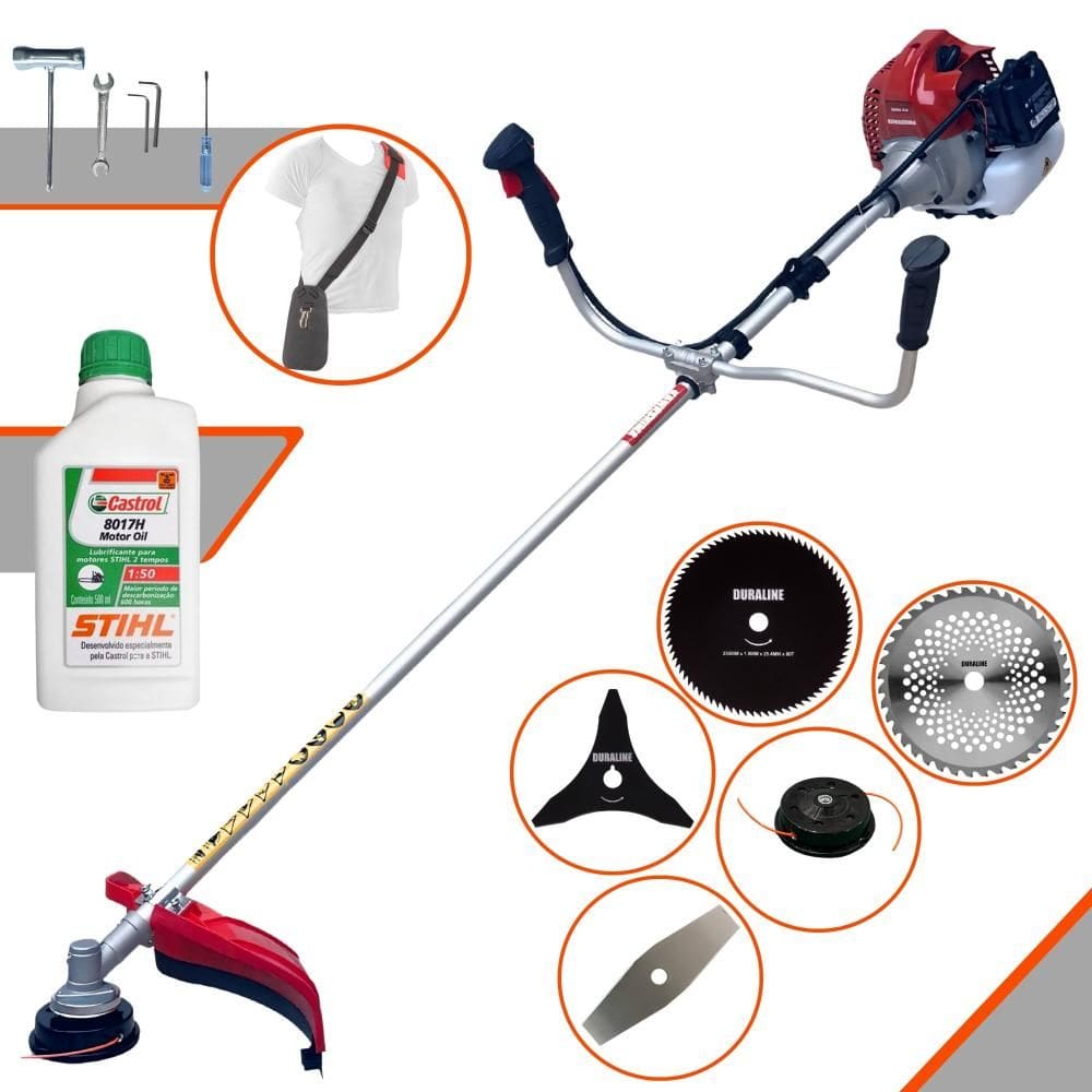 Roçadeira Robusta Kawashima BCJ431L À Gasolina 1,7HP 43cc Com Carretel, Faca 2 Pontas, Faca 3 Pontas, Faca 40 Dentes, Faca 80 Dentes + ÓLEO STIHL 2T