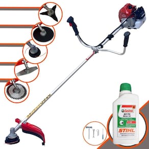 Roçadeira À Gasolina Kawashima BCJ431-L Multifunções 12000rpm 43cc 1,7HP Completa Com 5 Opções de Cortes, Carretel e Kit 4 Facas + ÓLEO STIHL 8017