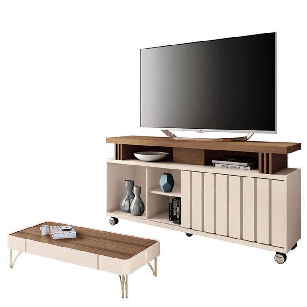 Rack Bancada Rivera Com Mesa De Centro Cadenza Castanho Off White – Hb Móveis