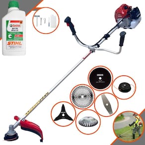 Roçadeira Podador de Grama Kawashima BCJ431L À Gasolina 43cc 1,7HP Com 6 Opções de Cortes, Carretel + Kit 4 Facas + Escova de Aço + ÓLEO STIHL 2T