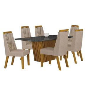 Mesa De Jantar Liz 180x90 Freijó Chumbo Com 6 Cadeiras Freijó Linho Palha – Leifer Móveis