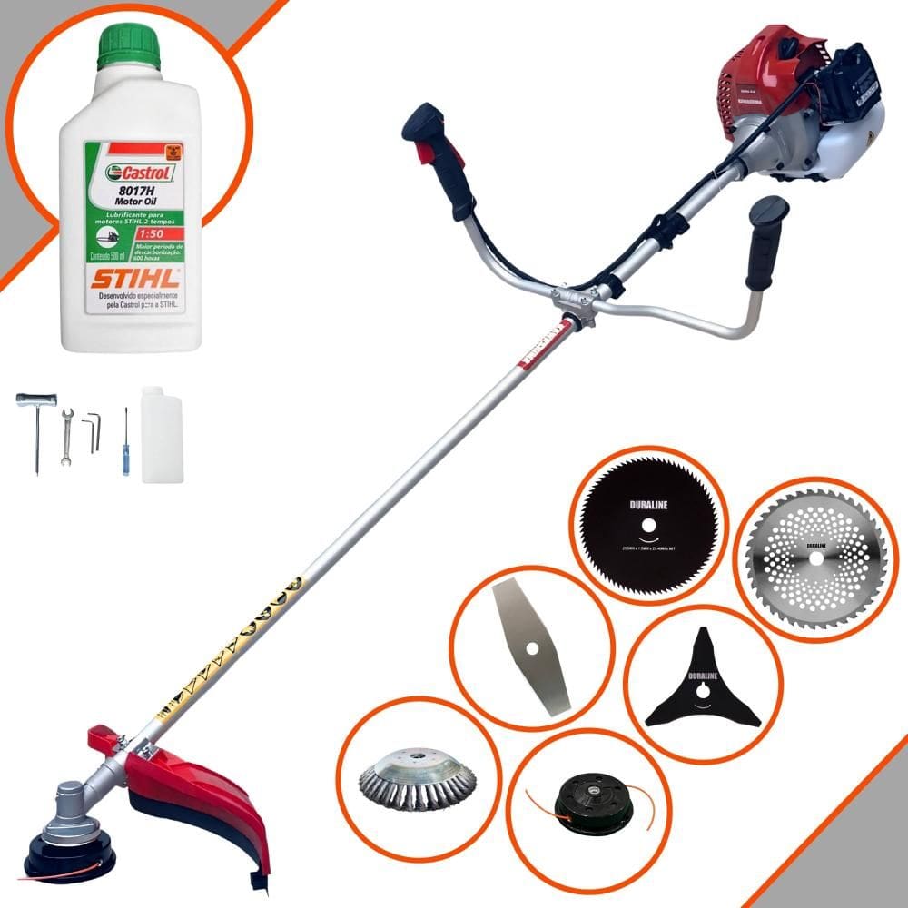 Roçadeira Kawashima BCJ431L À Gasolina 43cc 1,7HP 6 Em 1 Com Carretel + Faca 2 Pontas, 3 Pontas, 40 Dentes e 80 Dentes + Escova de Aço + ÓLEO STIHL 2T