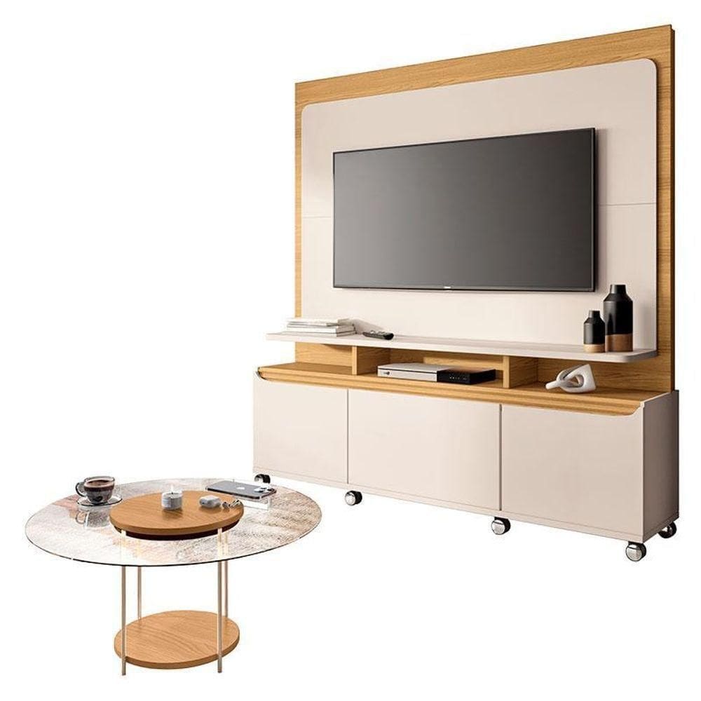 Estante Home Theater Quantum Off White Cinamomo E Mesa De Centro Sky Com Tampo De Vidro Cinamomo– Hb Móveis