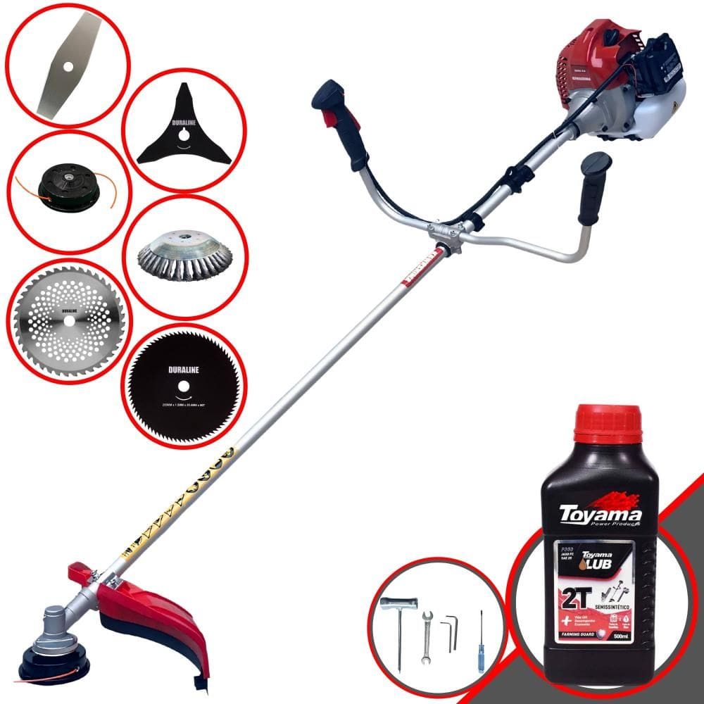 Roçadeira Kawashima BCJ431L À Gasolina 43cc 1,7HP 6 Em 1 C/ Carretel + Faca 2 Pontas, 3 Pontas, 40 Dentes e 80 Dentes + Escova de Aço + ÓLEO TOYAMA