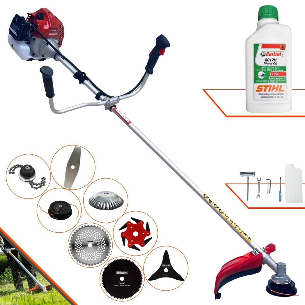 Roçadeira Kawashima BCJ431L 43cc Com Carretel + Facas 2 Pontas, 3 Pontas, 6 Pontas, 40 Dentes Vídea, 80 Dentes, Trimmer, Escova de Aço + ÓLEO STIHL 2T
