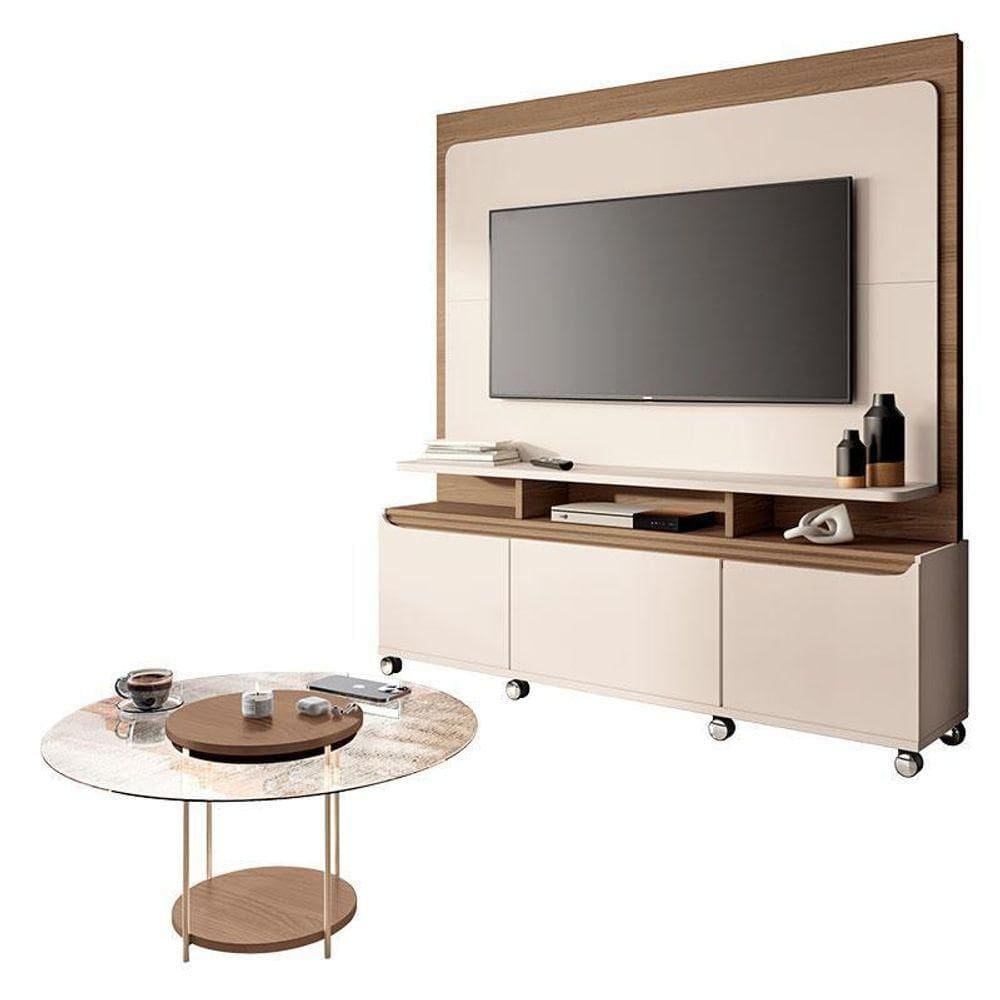 Estante Home Theater Quantum Off White Castanho E Mesa De Centro Sky Com Tampo De Vidro Castanho– Hb Móveis