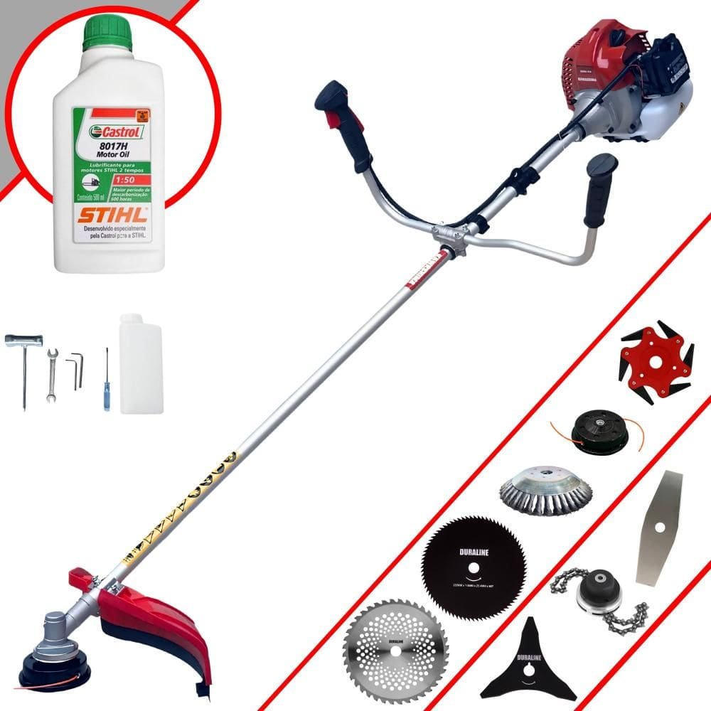 Roçadeira Kawashima BCJ431L 43cc 1,7HP Com Carretel + Facas 2 Pontas, 3 Pontas, 6 Pontas, 40 Dentes, 80 Dentes, Trimmer, Escova de Aço + ÓLEO STIHL 2T
