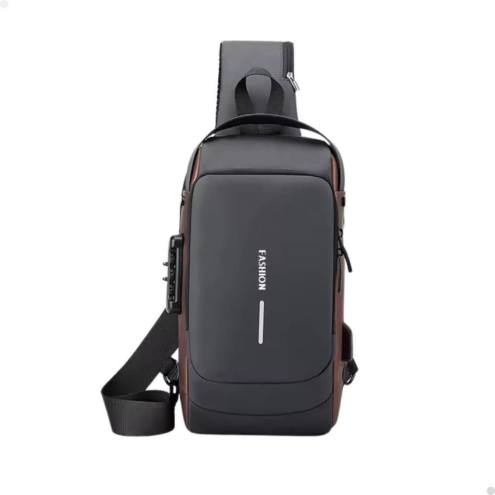 Bolsa Mochila Pochete Pochet Transversal Diagonal Ombro Anti-furto Usb à Prova D`água Durabilidade - Cinza Com Dourado