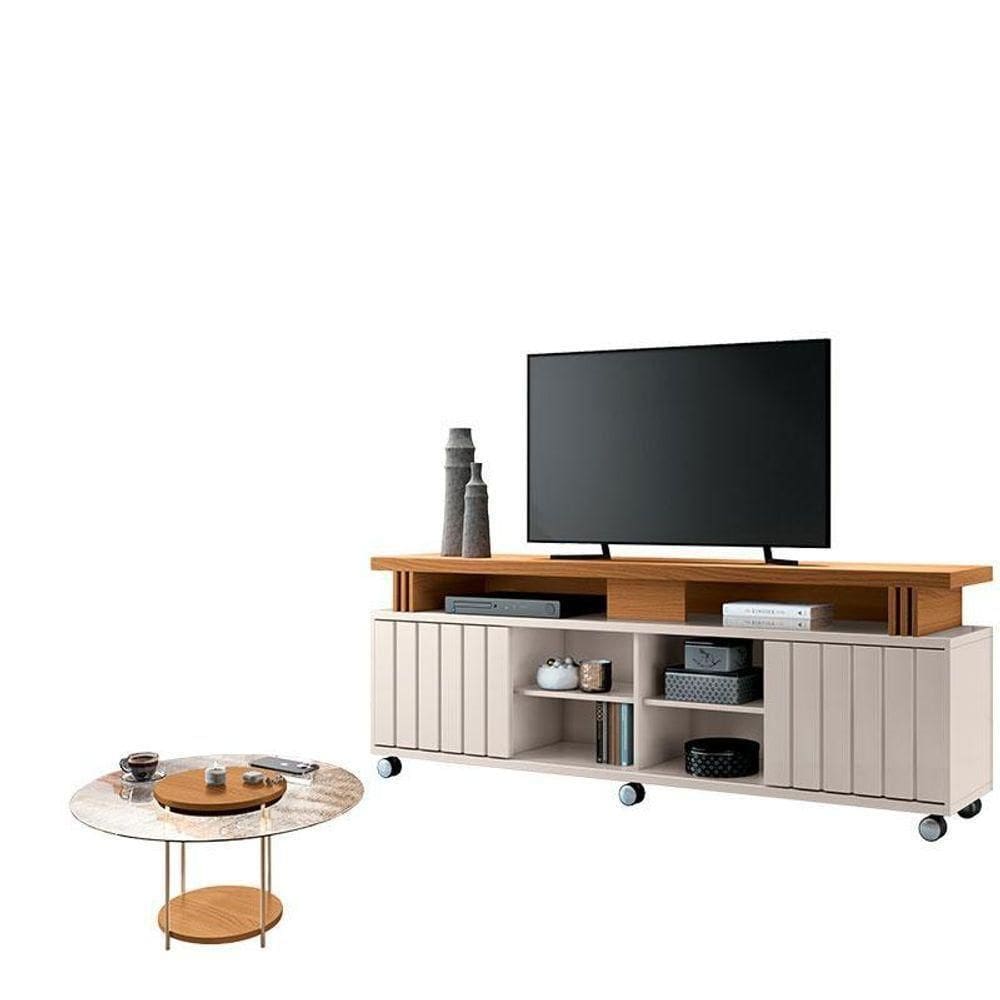 Rack Bancada Rivera Com Mesa De Centro Sky Com Tampo De Vidro Cinamomo Off White – Hb Móveis