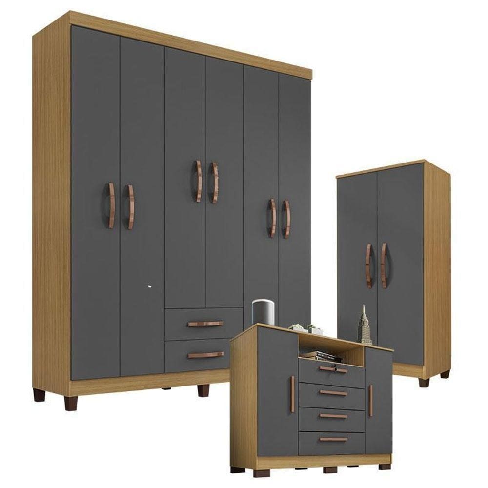 Guarda Roupa Casal Modena Com Cômoda Madri E Armário Multiuso Recife Carvalho Americano Grafite – Incorplac