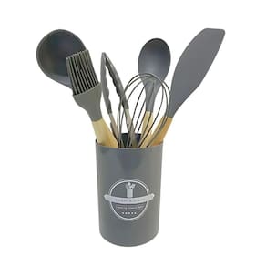 Conjunto De Utensílios Para Cozinha Em Silicone Com Cabo De Madeira 7 Peças Lehaví Cinza